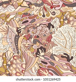 Tracery seamless pattern. Mehndi design. Ethnic colorful doodle texture. Curved doodling background. Vector