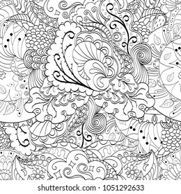 Tracery seamless pattern. Mehndi design. Ethnic monochrome binary doodle texture. Curved doodling black and white background. Vector