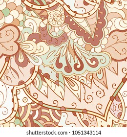 Tracery seamless pattern. Mehndi design. Ethnic colorful doodle texture. Curved doodling background. Vector