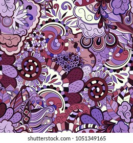 Tracery seamless pattern. Mehndi design. Ethnic colorful doodle texture. Curved doodling background. Vector