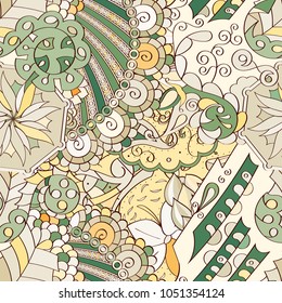 Tracery seamless pattern. Mehndi design. Ethnic colorful doodle texture. Curved doodling background. Vector