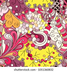 Tracery seamless pattern. Mehndi design. Ethnic colorful doodle texture. Curved doodling background. Vector