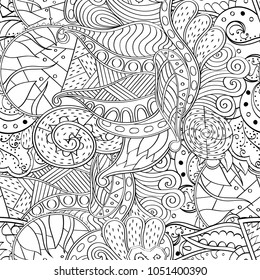 Tracery seamless pattern. Mehndi design. Ethnic monochrome binary doodle texture. Curved doodling black and white background. Vector