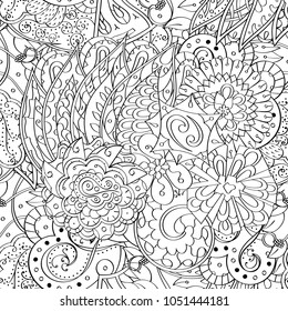 Tracery seamless pattern. Mehndi design. Ethnic monochrome binary doodle texture. Curved doodling black and white background. Vector