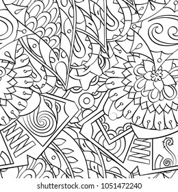 Tracery seamless pattern. Mehndi design. Ethnic monochrome binary doodle texture. Curved doodling black and white background. Vector