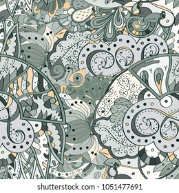 Tracery seamless pattern. Mehndi design. Ethnic colorful doodle texture. Curved doodling background. Vector