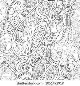 Tracery seamless pattern. Mehndi design. Ethnic monochrome binary doodle texture. Curved doodling black and white background. Vector