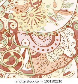 Tracery seamless pattern. Mehndi design. Ethnic colorful doodle texture. Curved doodling background. Vector