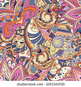 Tracery seamless pattern. Mehndi design. Ethnic colorful doodle texture. Curved doodling background. Vector