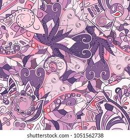 Tracery seamless pattern. Mehndi design. Ethnic colorful doodle texture. Curved doodling background. Vector