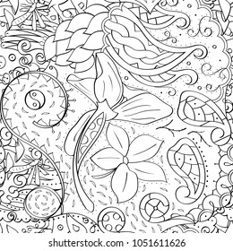 Tracery seamless pattern. Mehndi design. Ethnic monochrome binary doodle texture. Curved doodling black and white background. Vector