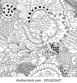 Tracery seamless pattern. Mehndi design. Ethnic monochrome binary doodle texture. Curved doodling black and white background. Vector