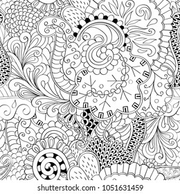 Tracery seamless pattern. Mehndi design. Ethnic monochrome binary doodle texture. Curved doodling black and white background. Vector