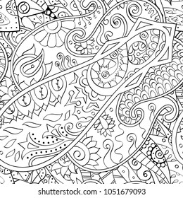 Tracery seamless pattern. Mehndi design. Ethnic monochrome binary doodle texture. Curved doodling black and white background. Vector