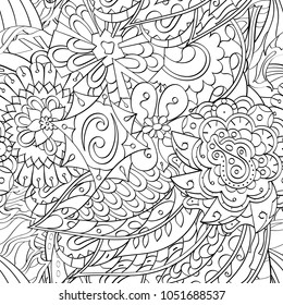 Tracery seamless pattern. Mehndi design. Ethnic monochrome binary doodle texture. Curved doodling black and white background. Vector