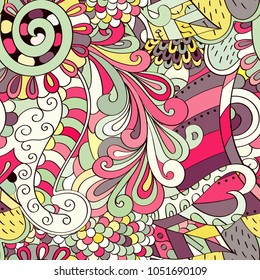 Tracery seamless pattern. Mehndi design. Ethnic colorful doodle texture. Curved doodling background. Vector