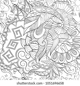 Tracery seamless pattern. Mehndi design. Ethnic monochrome binary doodle texture. Curved doodling black and white background. Vector