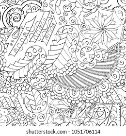 Tracery seamless pattern. Mehndi design. Ethnic monochrome binary doodle texture. Curved doodling black and white background. Vector