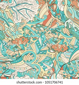 Tracery seamless pattern. Mehndi design. Ethnic colorful doodle texture. Curved doodling background. Vector