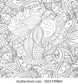 Tracery seamless pattern. Mehndi design. Ethnic monochrome binary doodle texture. Curved doodling black and white background. Vector
