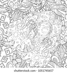 Tracery seamless pattern. Mehndi design. Ethnic monochrome binary doodle texture. Curved doodling black and white background. Vector