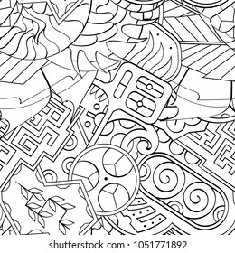 Tracery seamless pattern. Mehndi design. Ethnic monochrome binary doodle texture. Curved doodling black and white background. Vector