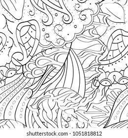 Tracery seamless pattern. Mehndi design. Ethnic monochrome binary doodle texture. Curved doodling black and white background. Vector
