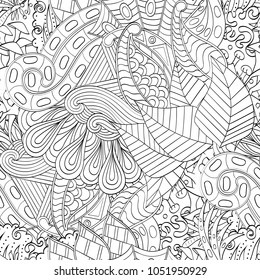 Tracery seamless pattern. Mehndi design. Ethnic monochrome binary doodle texture. Curved doodling black and white background. Vector
