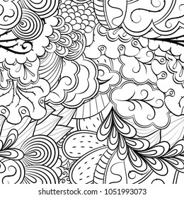 Tracery seamless pattern. Mehndi design. Ethnic monochrome binary doodle texture. Curved doodling black and white background. Vector