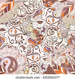 Tracery seamless pattern. Mehndi design. Ethnic colorful doodle texture. Curved doodling background. Vector