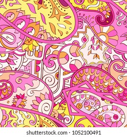 Tracery seamless pattern. Mehndi design. Ethnic colorful doodle texture. Curved doodling background. Vector