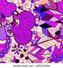 Tracery seamless pattern. Mehndi design. Ethnic colorful doodle texture. Curved doodling background. Vector
