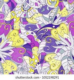 Tracery seamless pattern. Mehndi design. Ethnic colorful doodle texture. Curved doodling background. Vector