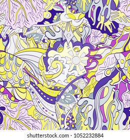 Tracery seamless pattern. Mehndi design. Ethnic colorful doodle texture. Curved doodling background. Vector