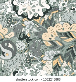 Tracery seamless pattern. Mehndi design. Ethnic colorful doodle texture. Curved doodling background. Vector