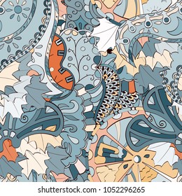 Tracery seamless pattern. Mehndi design. Ethnic colorful doodle texture. Curved doodling background. Vector