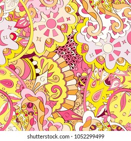 Tracery seamless pattern. Mehndi design. Ethnic colorful doodle texture. Curved doodling background. Vector