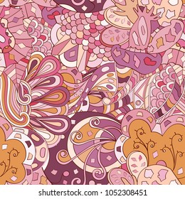 Tracery seamless pattern. Mehndi design. Ethnic colorful doodle texture. Curved doodling background. Vector