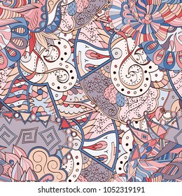 Tracery seamless pattern. Mehndi design. Ethnic colorful doodle texture. Curved doodling background. Vector