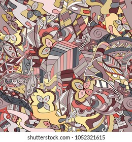Tracery seamless pattern. Mehndi design. Ethnic colorful doodle texture. Curved doodling background. Vector