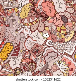 Tracery seamless pattern. Mehndi design. Ethnic colorful doodle texture. Curved doodling background. Vector