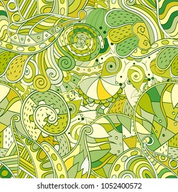 Tracery seamless pattern. Mehndi design. Ethnic colorful doodle texture. Curved doodling background. Vector