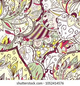 Tracery seamless pattern. Mehndi design. Ethnic colorful doodle texture. Curved doodling background. Vector