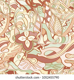 Tracery seamless pattern. Mehndi design. Ethnic colorful doodle texture. Curved doodling background. Vector