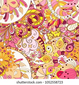 Tracery seamless pattern. Mehndi design. Ethnic colorful doodle texture. Curved doodling background. Vector