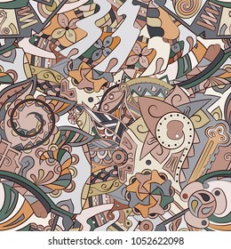 Tracery seamless pattern. Mehndi design. Ethnic colorful doodle texture. Curved doodling background. Vector