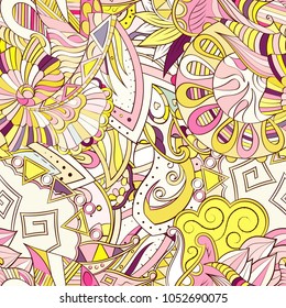 Tracery seamless pattern. Mehndi design. Ethnic colorful doodle texture. Curved doodling background. Vector