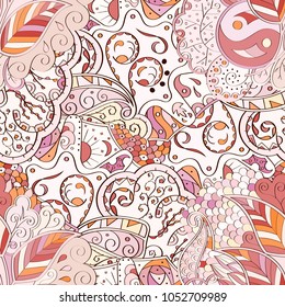 Tracery seamless pattern. Mehndi design. Ethnic colorful doodle texture. Curved doodling background. Vector