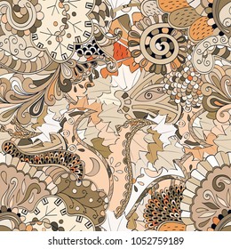 Tracery seamless pattern. Mehndi design. Ethnic colorful doodle texture. Curved doodling background. Vector