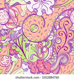 Tracery seamless pattern. Mehndi design. Ethnic colorful doodle texture. Curved doodling background. Vector